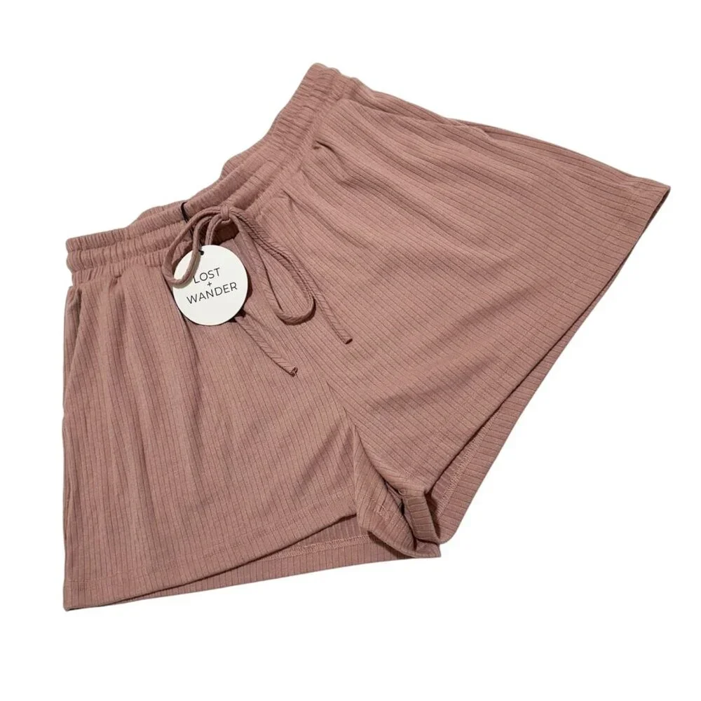 Lost + Wander Womens Size M Ribbed Knit Drawstring Shorts Mauve‎ Pink NWT NEW